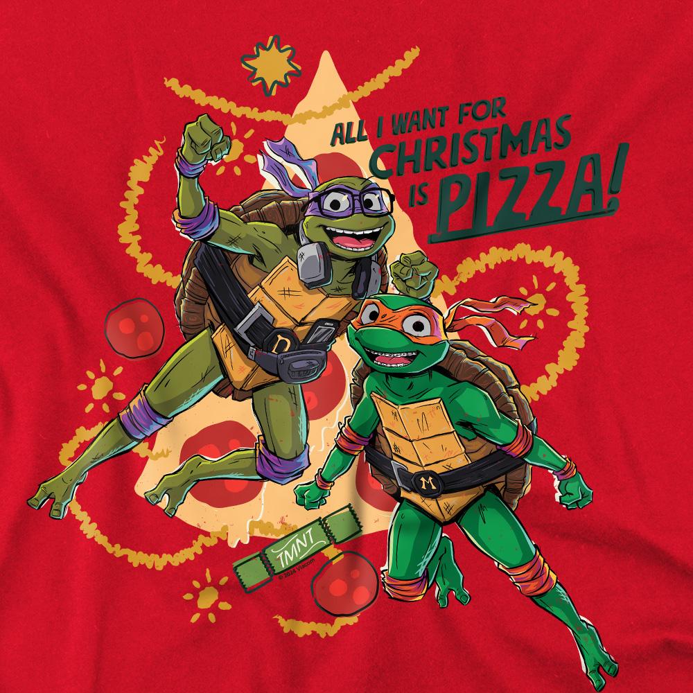 Red - Pack Shot - Teenage Mutant Ninja Turtles: Mutant Mayhem Mens Michelangelo & Donatello Pizza Christmas T-Shirt
