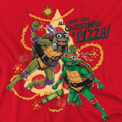 Red - Pack Shot - Teenage Mutant Ninja Turtles: Mutant Mayhem Mens Michelangelo & Donatello Pizza Christmas T-Shirt