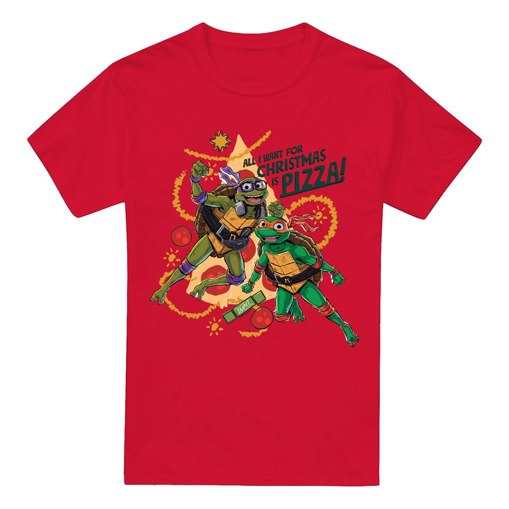 Red - Front - Teenage Mutant Ninja Turtles: Mutant Mayhem Mens Michelangelo & Donatello Pizza Christmas T-Shirt