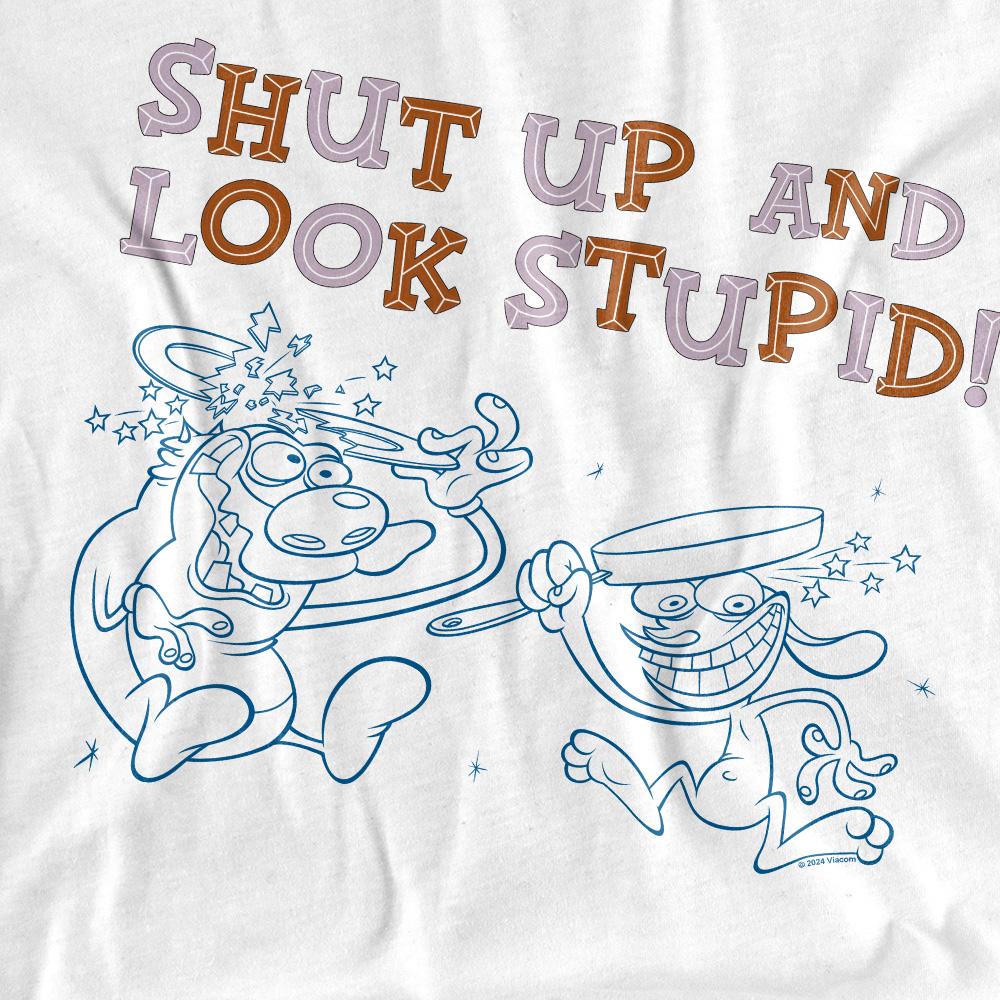 White - Side - Ren & Stimpy Mens Shut Up And Look Stupid! T-Shirt