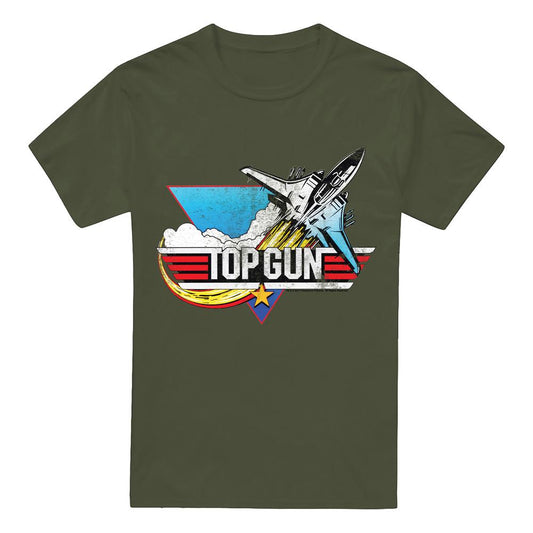 Military Green - Front - Top Gun Mens Distressed Logo T-Shirt