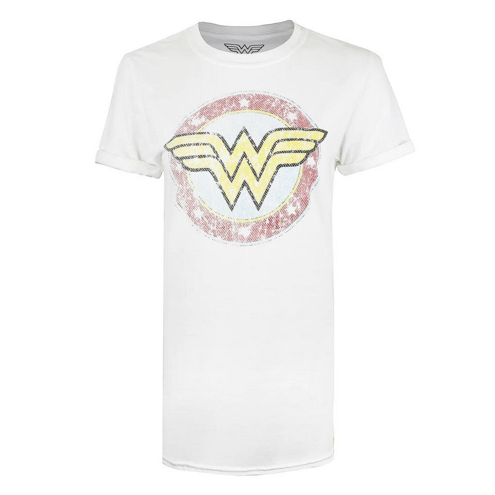 White-Red-Yellow - Front - Wonder Woman Womens-Ladies Classic Distressed Logo T-Shirt