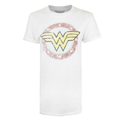 White-Red-Yellow - Front - Wonder Woman Womens-Ladies Classic Distressed Logo T-Shirt