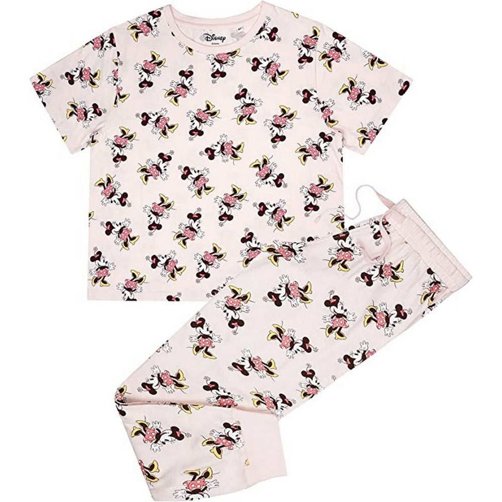 Cream-Pink-Yellow - Front - Disney Womens-Ladies Jazz Minnie Mouse All-Over Print Long Pyjama Set