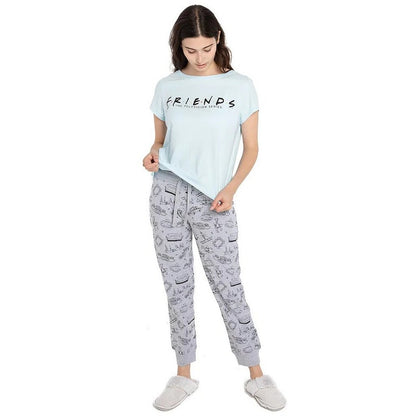 Blue-Grey - Pack Shot - Friends Womens-Ladies Logo Pyjama Set