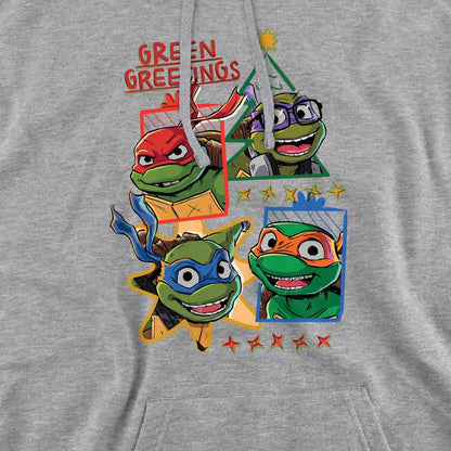 Sport Heather - Pack Shot - Teenage Mutant Ninja Turtles: Mutant Mayhem Mens Green Greetings Christmas Hoodie