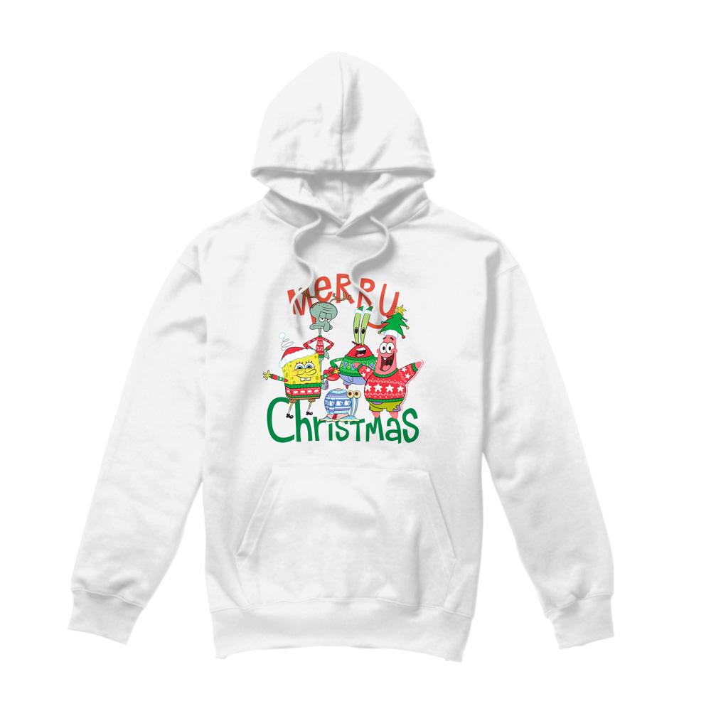 White - Front - SpongeBob SquarePants Mens Merry Christmas Group Hoodie