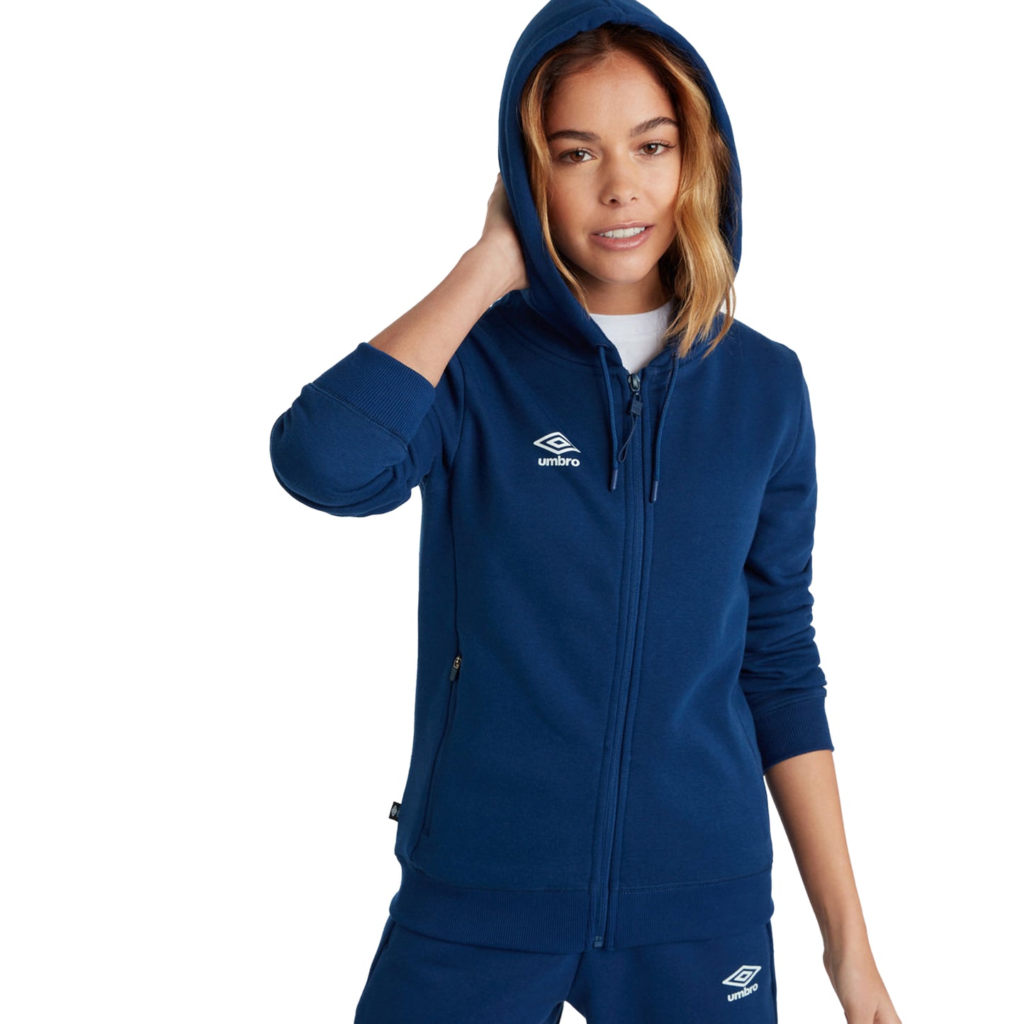 Navy-White - Pack Shot - Umbro Womens-Ladies Club Leisure Full Zip Hoodie