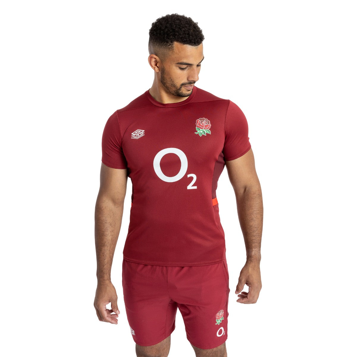 Tibetan Red-Zinfandel-Flame Scarlet - Side - Umbro Mens 23-24 England Rugby Gym T-Shirt