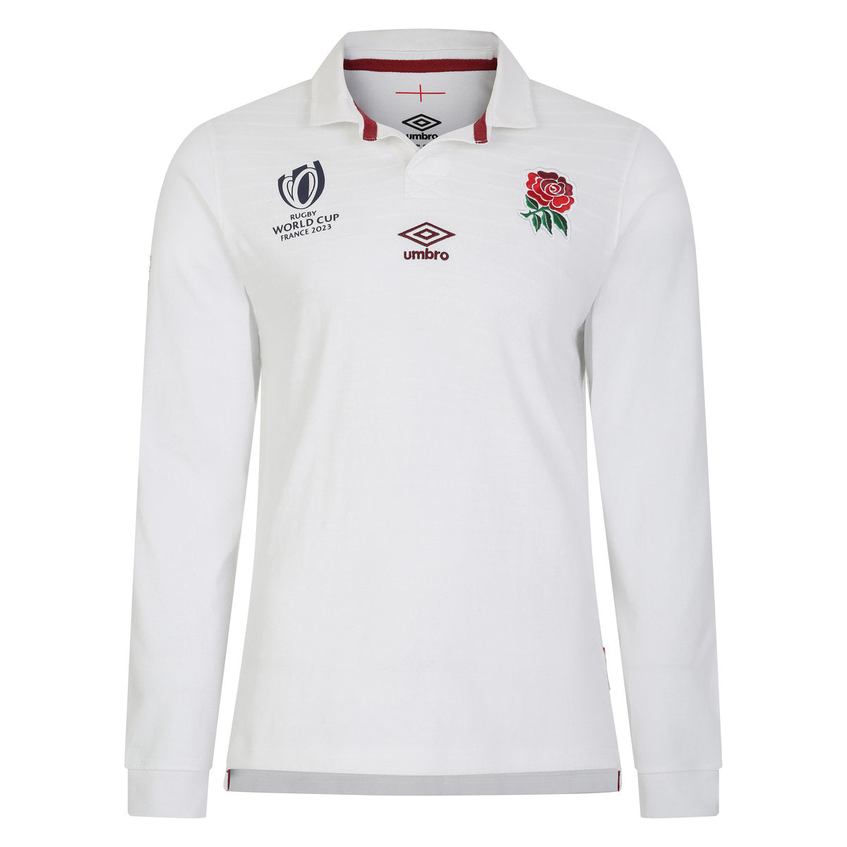 White-Red-Blue - Front - Umbro Childrens-Kids World Cup 23-24 England Rugby Long-Sleeved Home Jersey