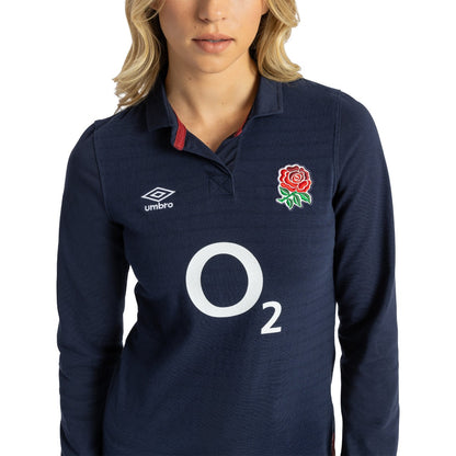 Navy Blue-White-Red - Side - Umbro Womens-Ladies 23-24 England Rugby Long-Sleeved Alternative Jersey