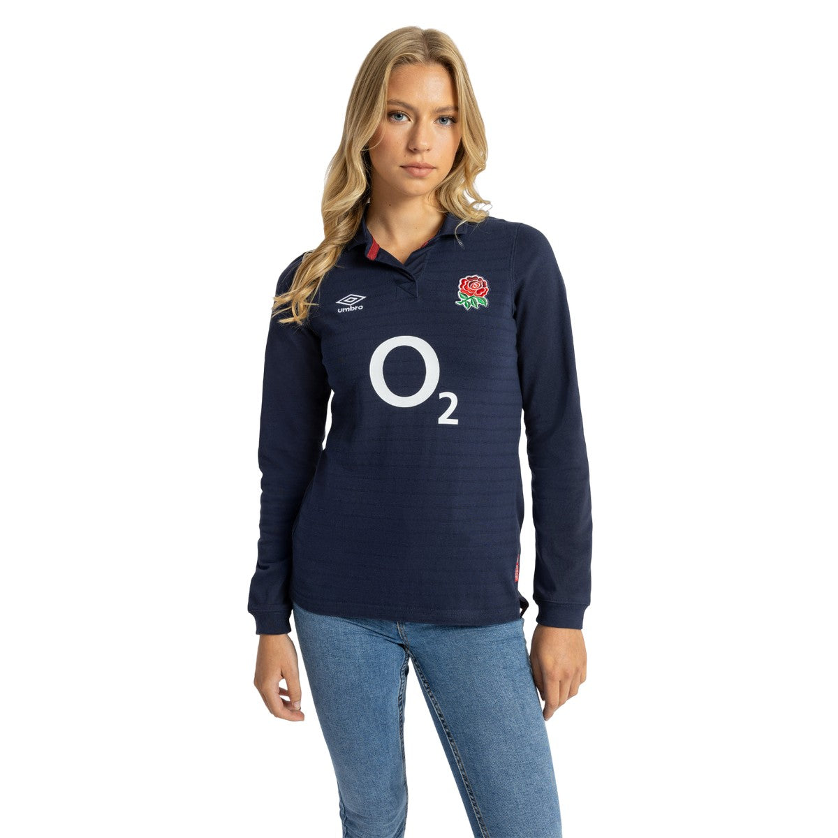Navy Blue-White-Red - Lifestyle - Umbro Womens-Ladies 23-24 England Rugby Long-Sleeved Alternative Jersey