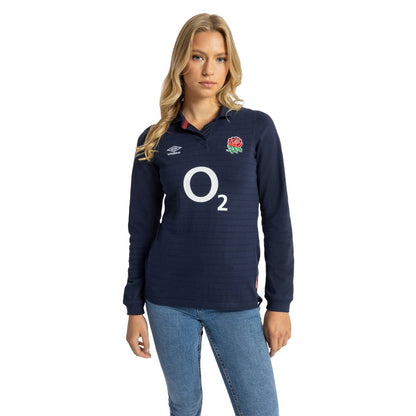 Navy Blue-White-Red - Lifestyle - Umbro Womens-Ladies 23-24 England Rugby Long-Sleeved Alternative Jersey