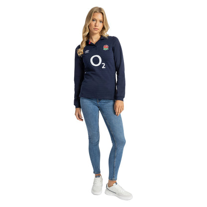 Navy Blue-White-Red - Pack Shot - Umbro Womens-Ladies 23-24 England Rugby Long-Sleeved Alternative Jersey
