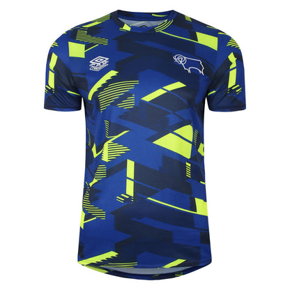 Deep Surf-Blue Depth-Safety Yellow - Front - Umbro Childrens-Kids 23-24 Derby County FC Warm Up Jersey