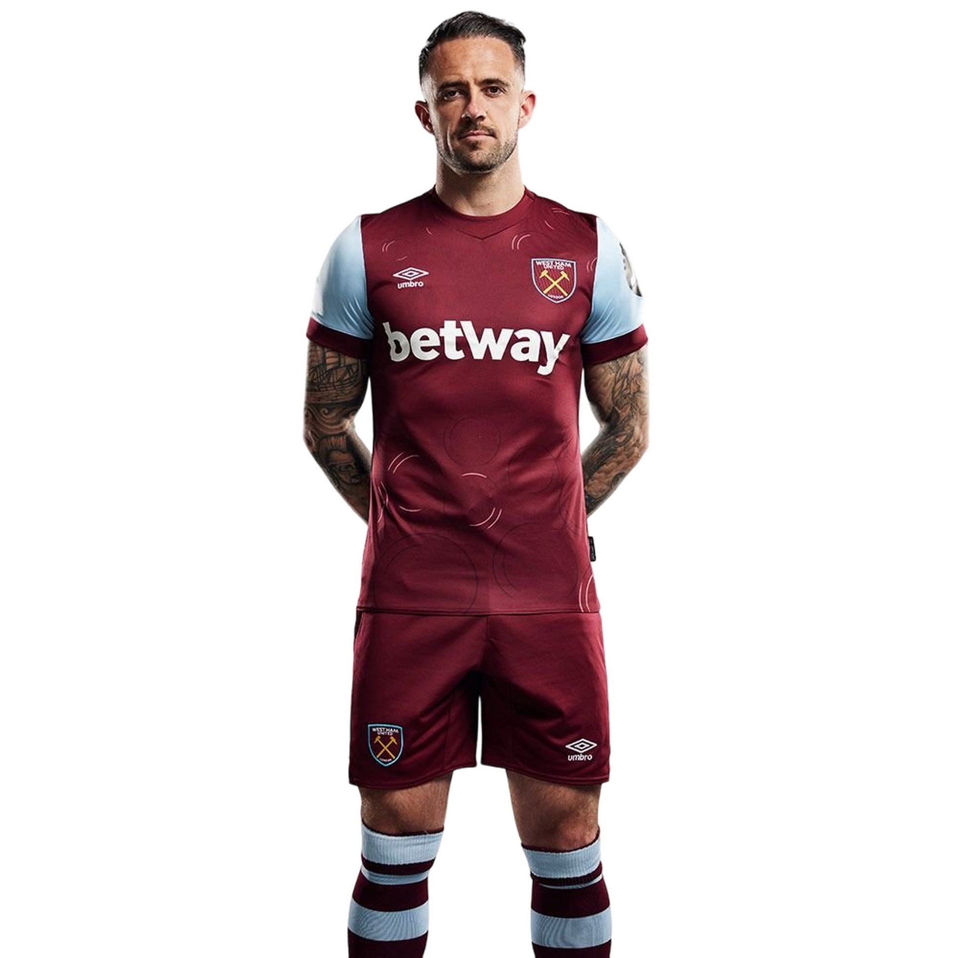 Claret Red-Sky Blue - Back - Umbro Unisex Adult 23-24 West Ham United FC Home Shorts