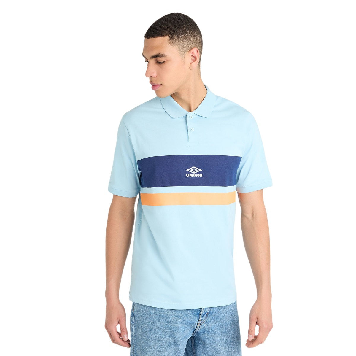 Angel Blue-Ecru-Blazing Orange - Side - Umbro Mens Stripe Polo Shirt