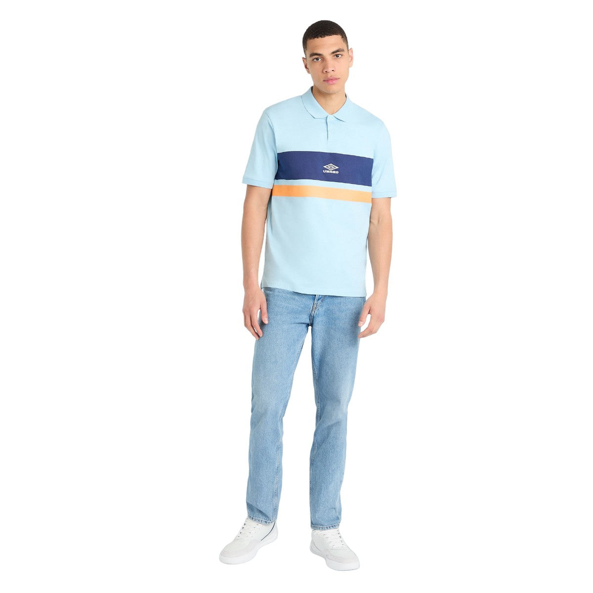 Angel Blue-Ecru-Blazing Orange - Pack Shot - Umbro Mens Stripe Polo Shirt