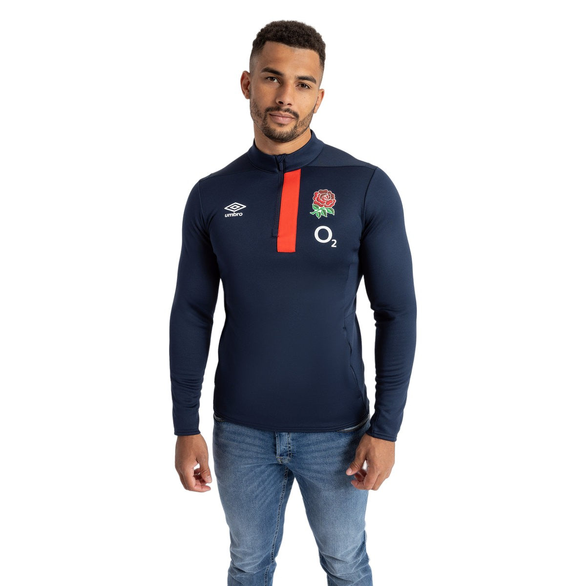 Navy Blazer-Flame Scarlet - Side - Umbro Mens 23-24 England Rugby Half Zip Fleece Top