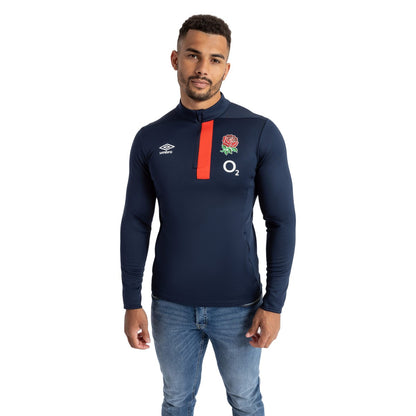 Navy Blazer-Flame Scarlet - Side - Umbro Mens 23-24 England Rugby Half Zip Fleece Top