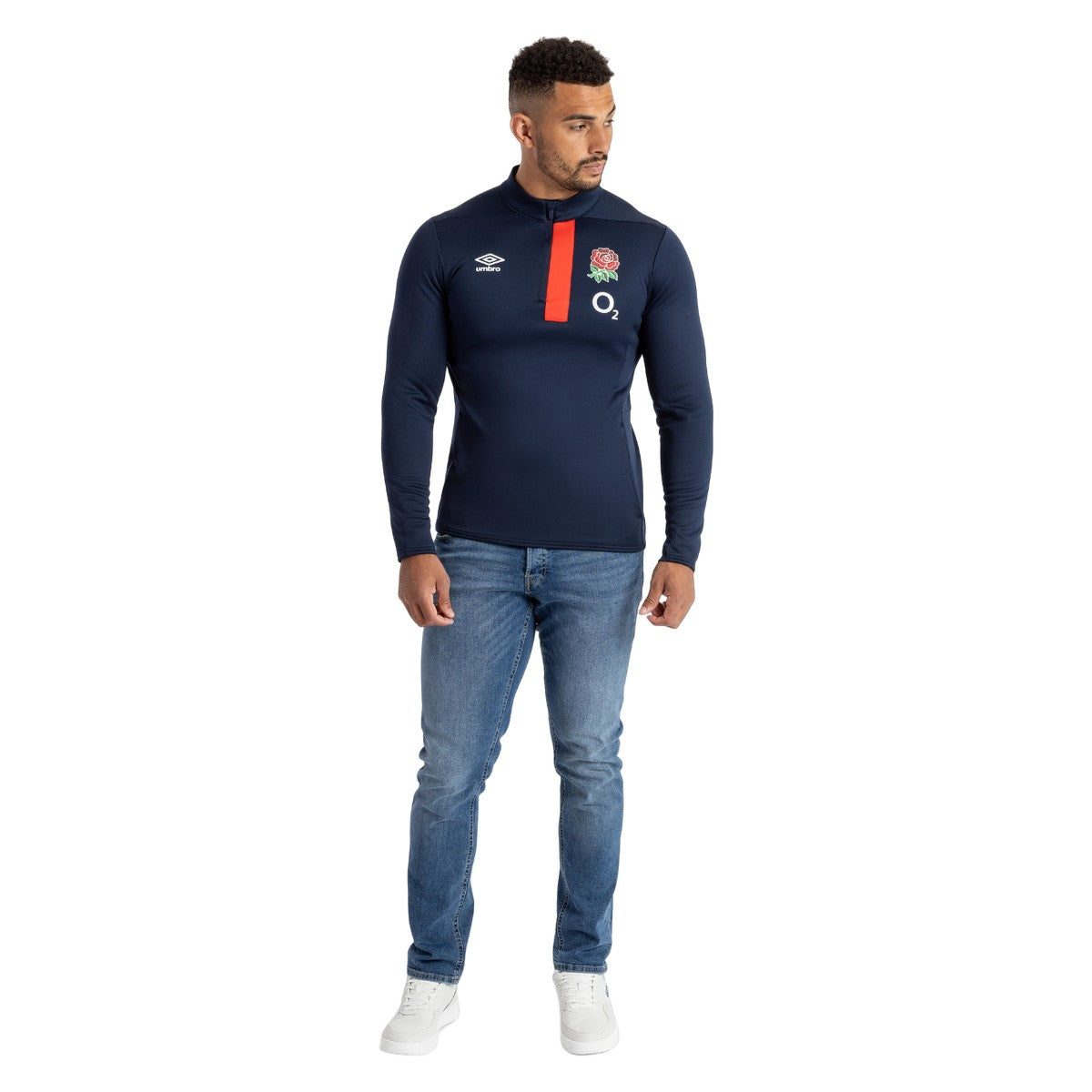 Navy Blazer-Flame Scarlet - Pack Shot - Umbro Mens 23-24 England Rugby Half Zip Fleece Top