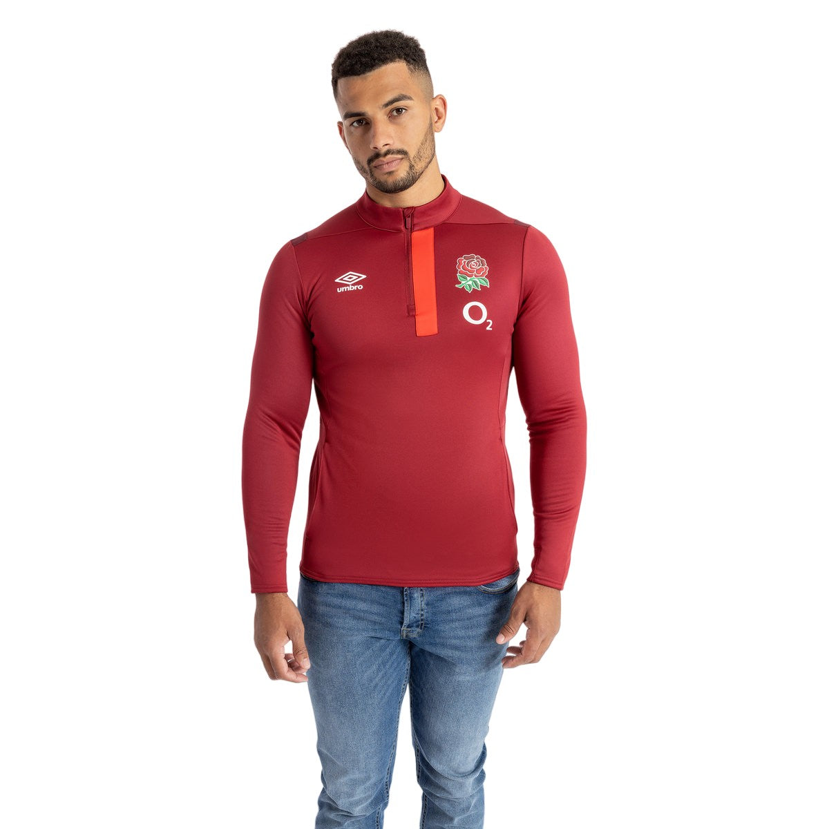 Tibetan Red-Zinfandel-Flame Scarlet - Side - Umbro Mens 23-24 England Rugby Half Zip Fleece Top