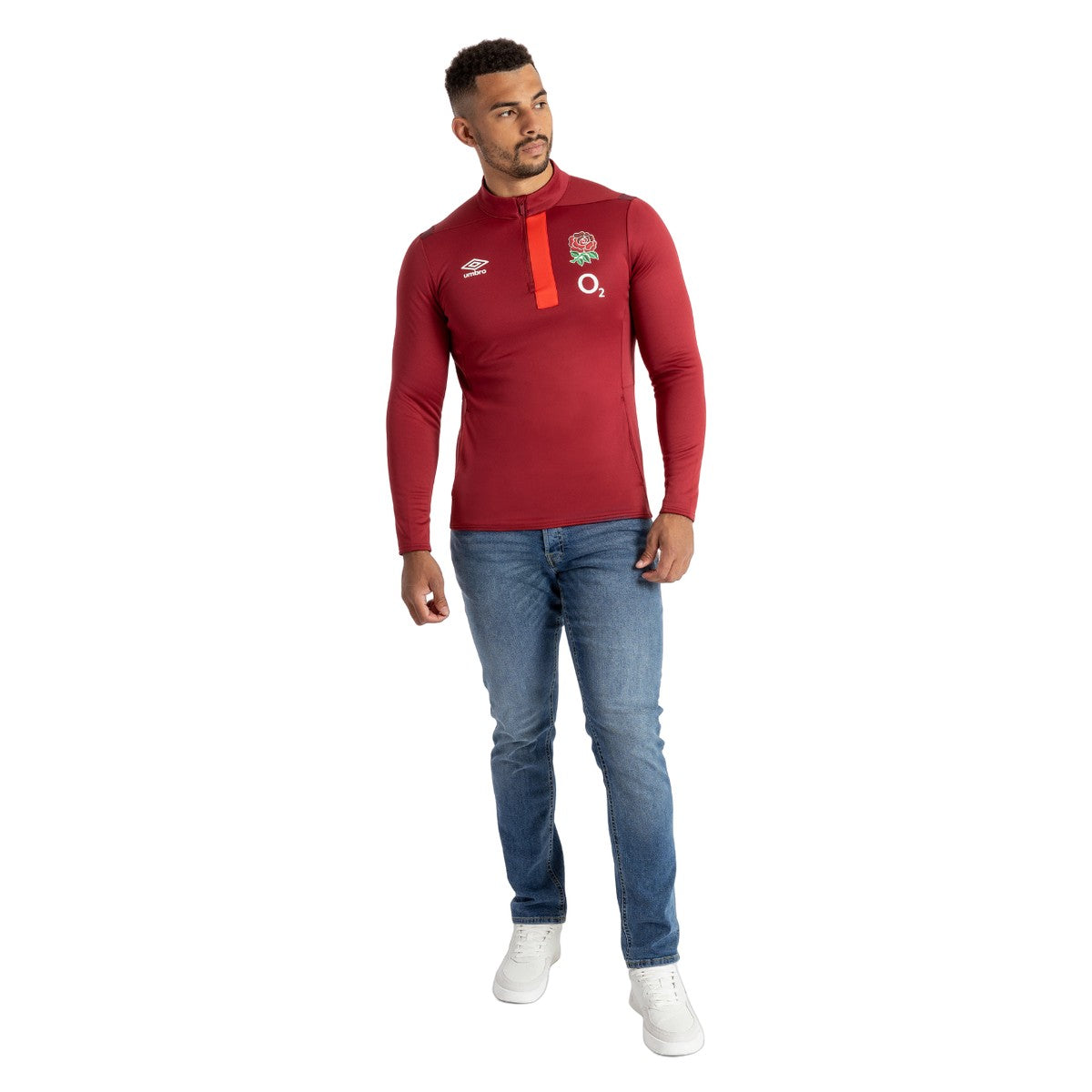 Tibetan Red-Zinfandel-Flame Scarlet - Pack Shot - Umbro Mens 23-24 England Rugby Half Zip Fleece Top