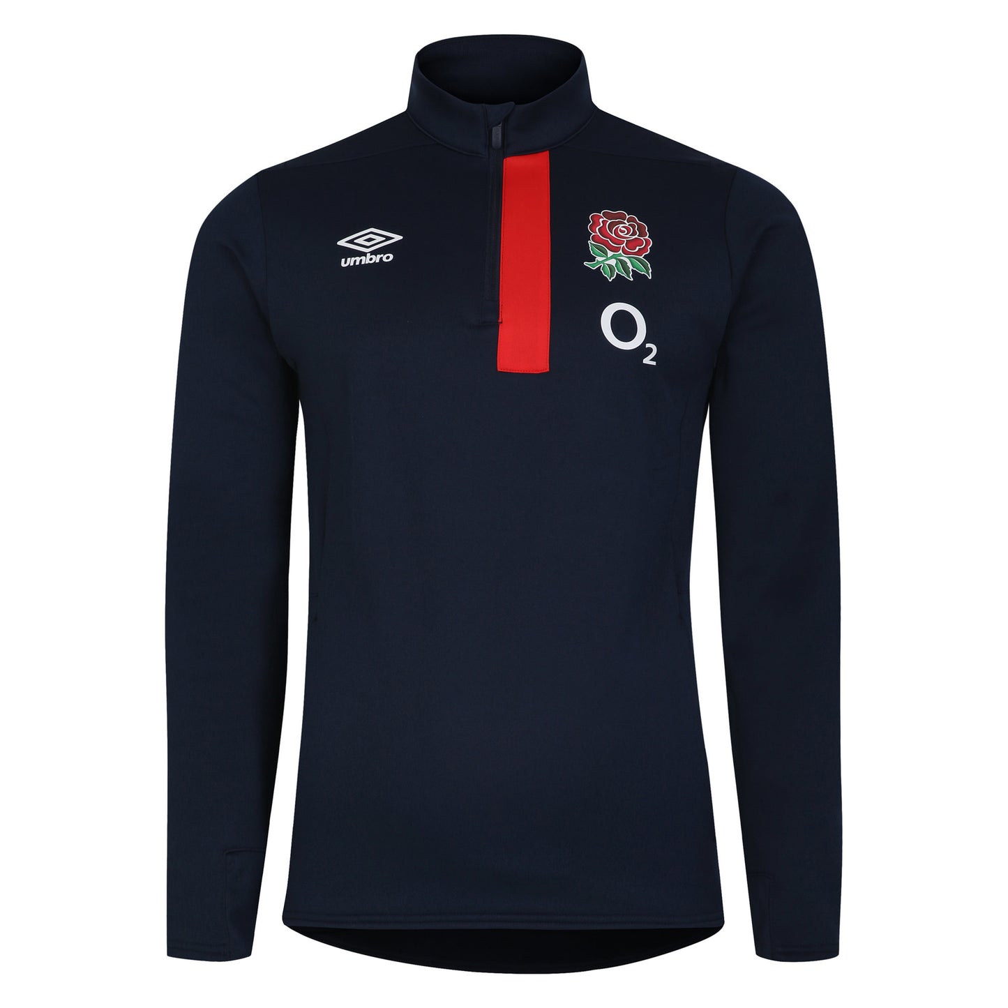 Navy Blazer-Flame Scarlet - Front - Umbro Mens 23-24 England Rugby Half Zip Fleece Top