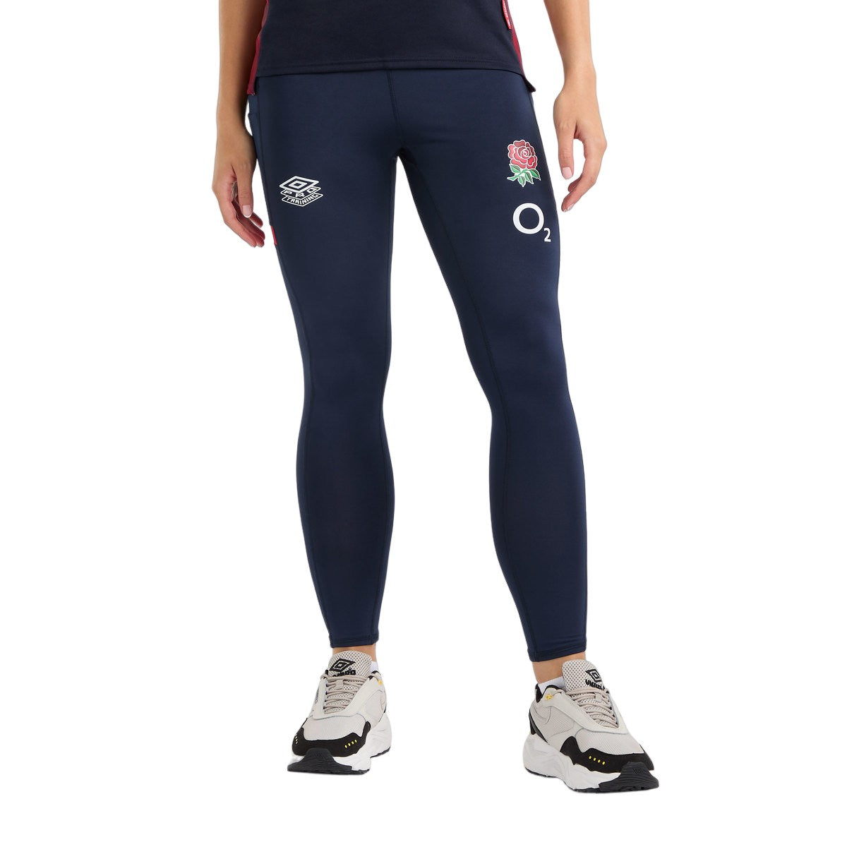 Navy Blazer-Dress Blue-Flame Scarlet - Side - Umbro Womens-Ladies 23-24 England Rugby Gym Leggings