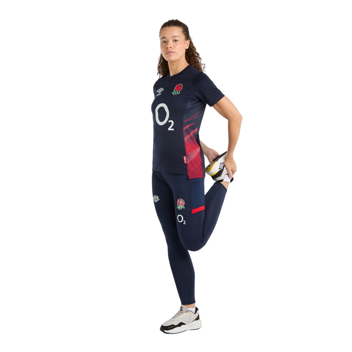 Navy Blazer-Dress Blue-Flame Scarlet - Pack Shot - Umbro Womens-Ladies 23-24 England Rugby Gym Leggings