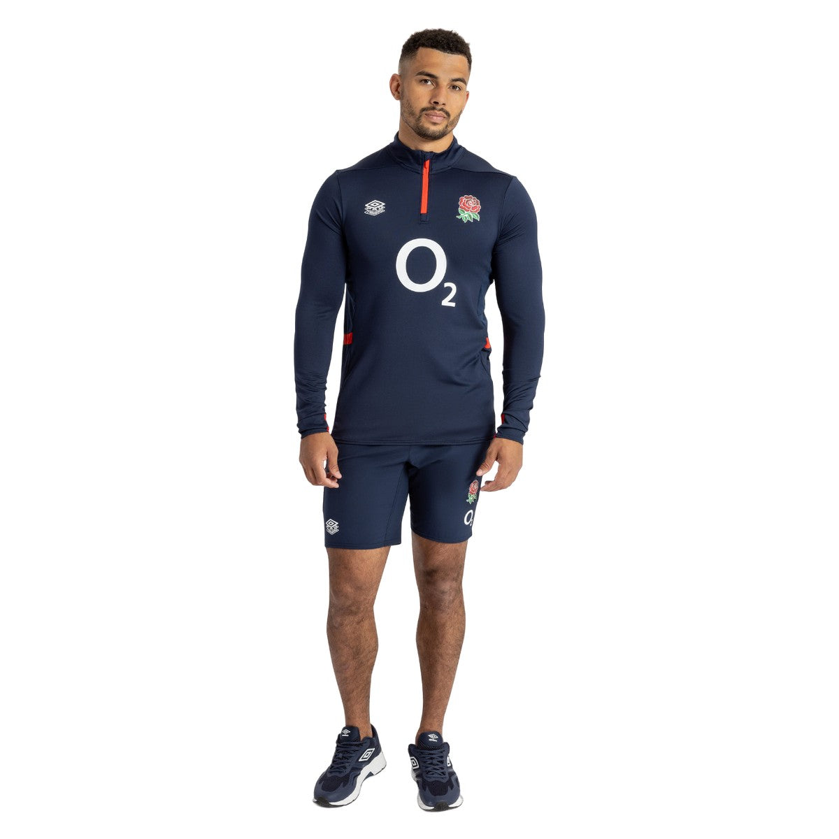 Navy Blazer-Dress Blue-Flame Scarlet - Pack Shot - Umbro Mens 23-24 England Rugby Midlayer