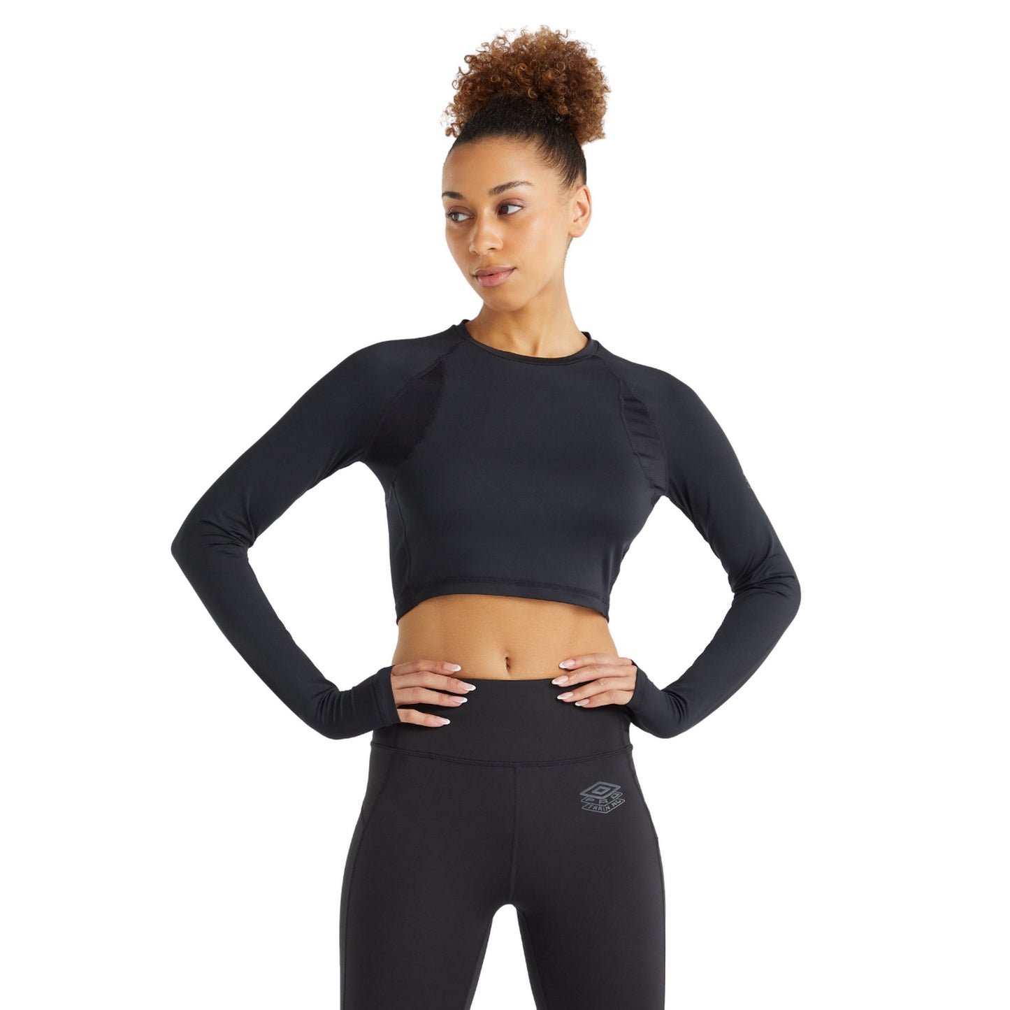 Black - Side - Umbro Womens-Ladies Pro Training Long-Sleeved Crop Top