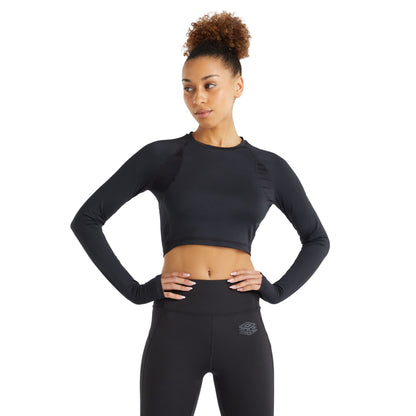 Black - Side - Umbro Womens-Ladies Pro Training Long-Sleeved Crop Top