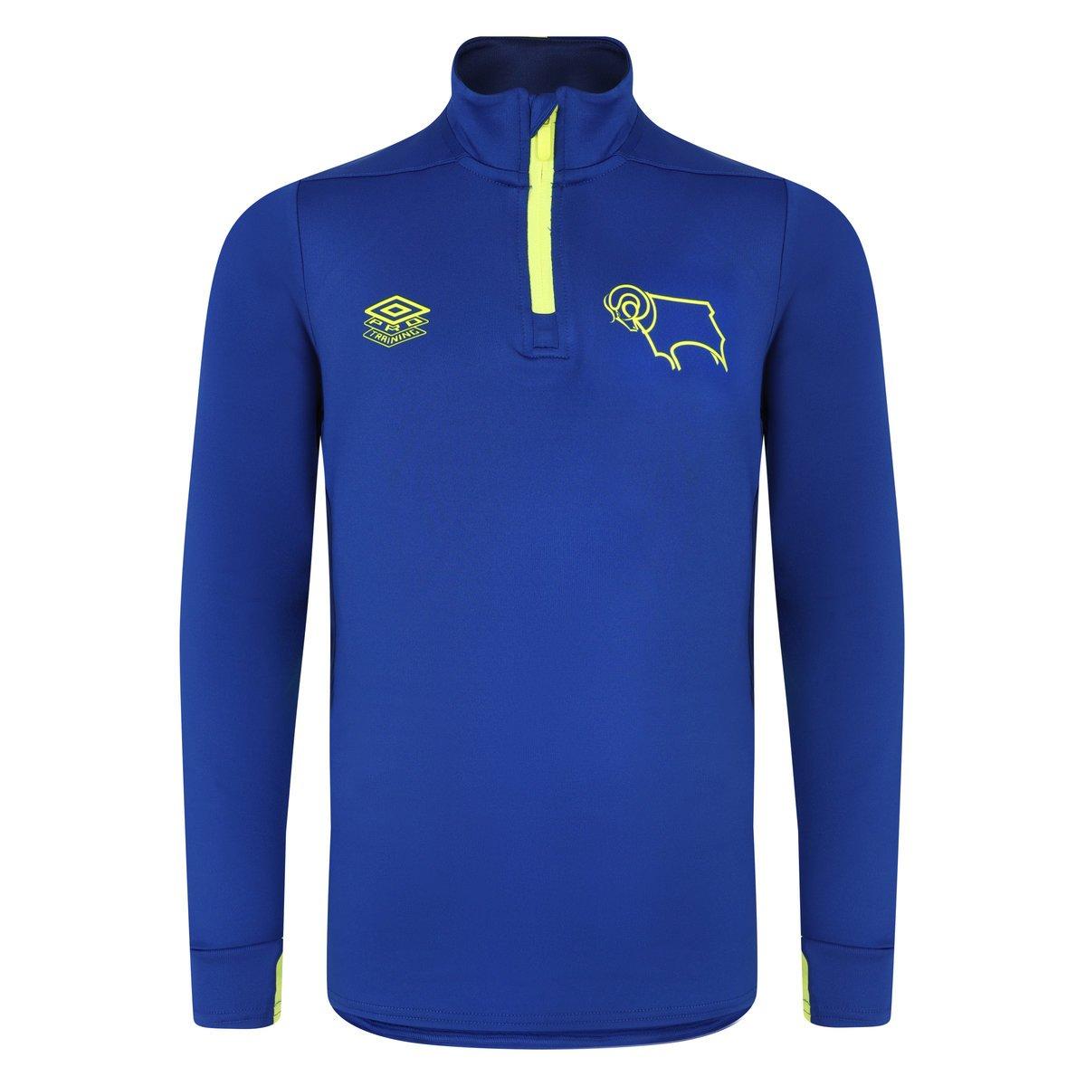 Deep Surf-Blue Depth-Safety Yellow - Front - Umbro Childrens-Kids Derby County FC Training Midlayer