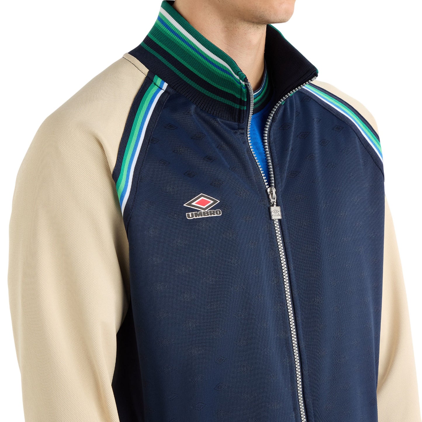 Dark Navy-Fog-Peppermint Green - Side - Umbro Mens Monogram Anthem Jacket