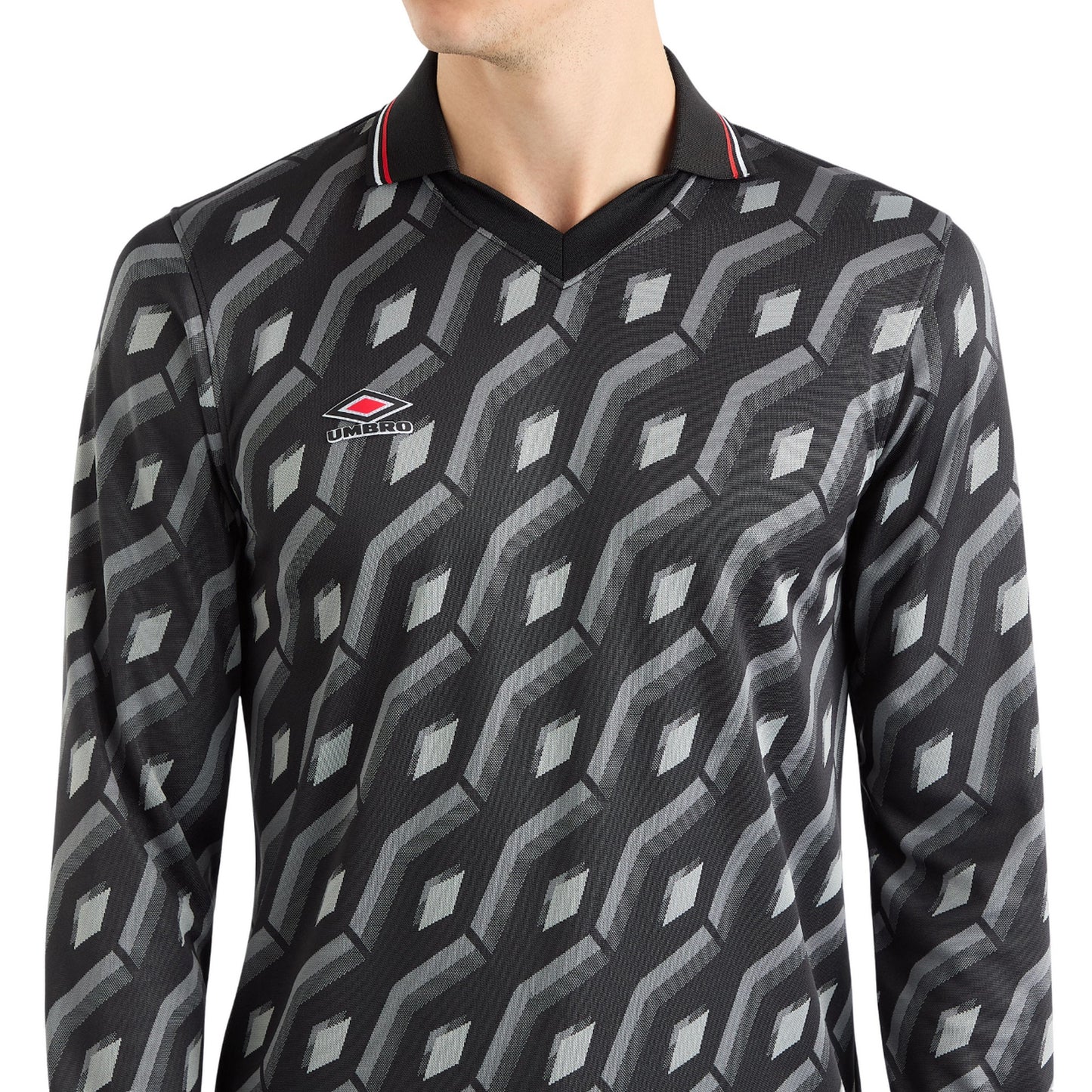 Black-Grey - Side - Umbro Mens Jacquard Long-Sleeved Jersey