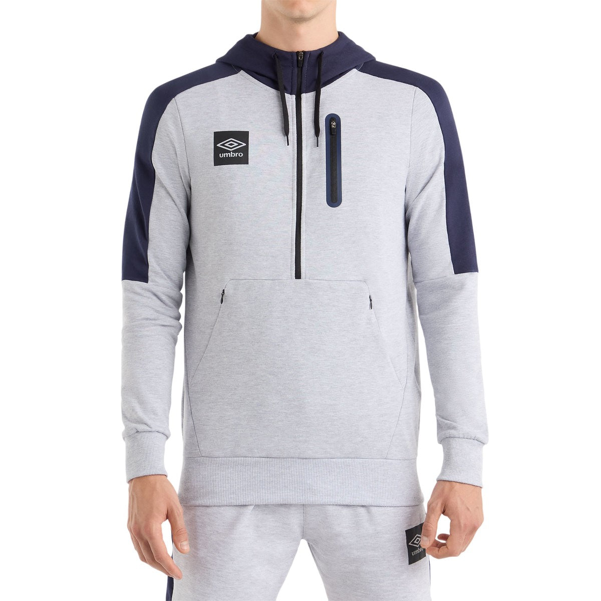 Light Grey Marl-Peacoat - Front - Umbro Mens Terrace Half Zip Hoodie