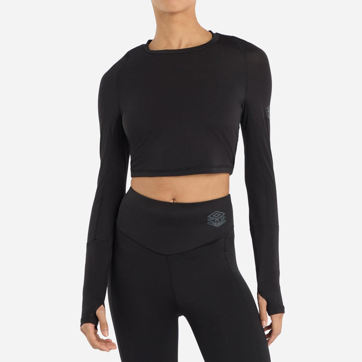 Black - Front - Umbro Womens-Ladies Pro Long-Sleeved Training Crop Top