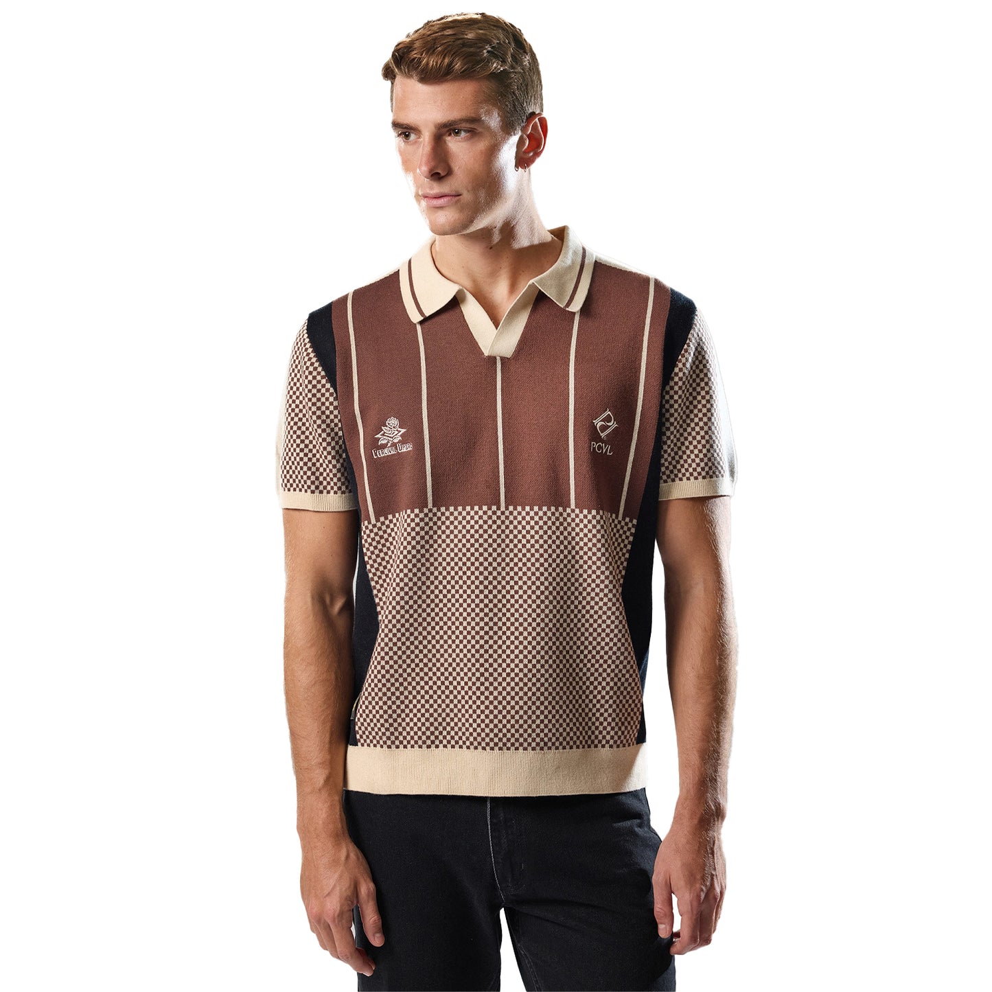 Brown - Front - Umbro Mens Palet Percival Knitted Stripes Football Polo Shirt