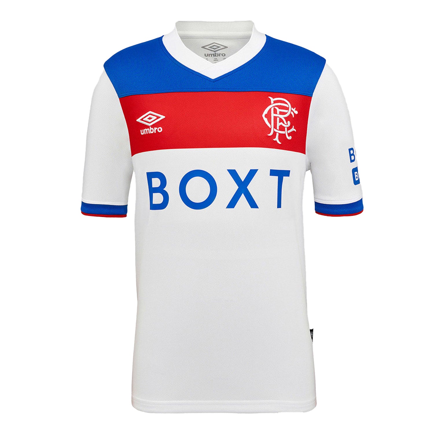 Brilliant White-Lapis Blue-Flame Scarlet - Front - Umbro Childrens-Kids 25-26 Rangers FC Short-Sleeved Away Shirt