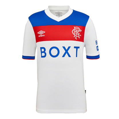 Brilliant White-Lapis Blue-Flame Scarlet - Front - Umbro Childrens-Kids 25-26 Rangers FC Short-Sleeved Away Shirt