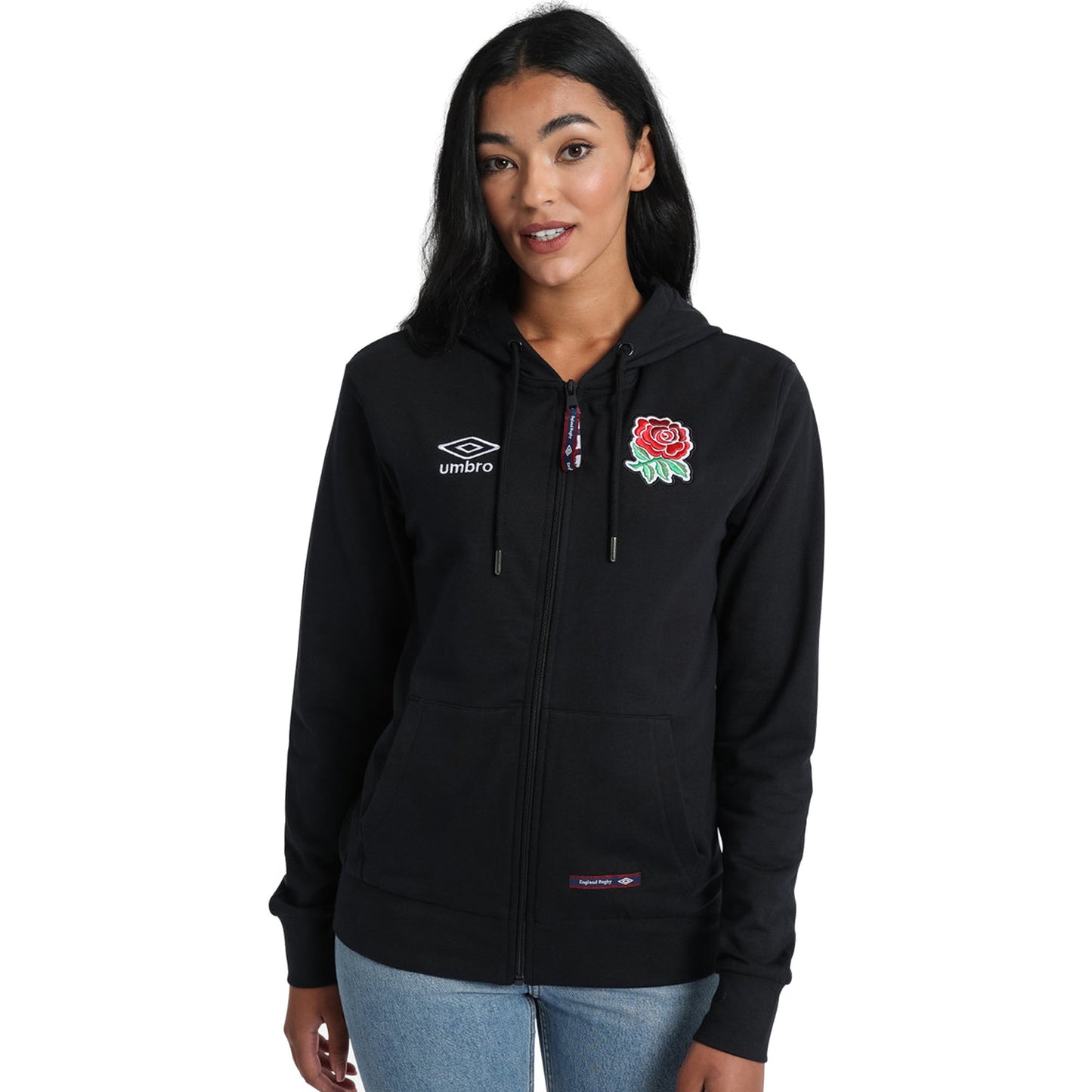 Black - Side - England Rugby Womens-Ladies Classic Umbro Full Zip Hoodie