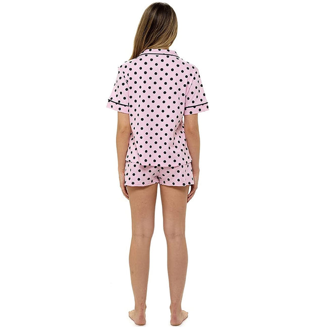 Pink - Back - Foxbury Womens-Ladies Button Through Polka Dot Short Pyjamas