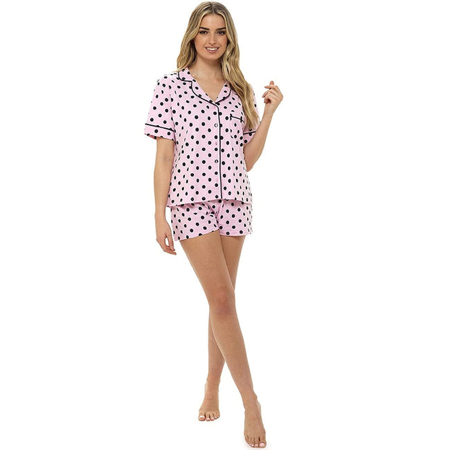 Pink - Front - Foxbury Womens-Ladies Button Through Polka Dot Short Pyjamas