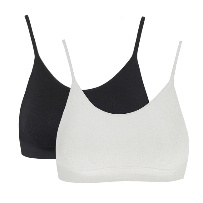 Black-White - Front - Anucci Womens-Ladies Wireless Ribbed Crop Tops (Pack Of 2)