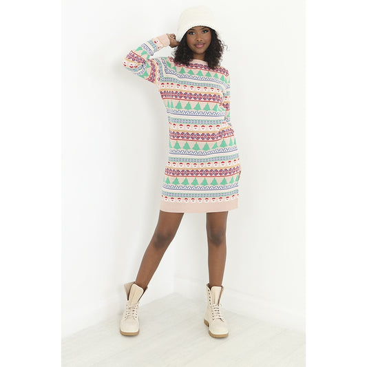 Pink-Multi - Front - Brave Soul Womens-Ladies Fairisle Christmas Dress