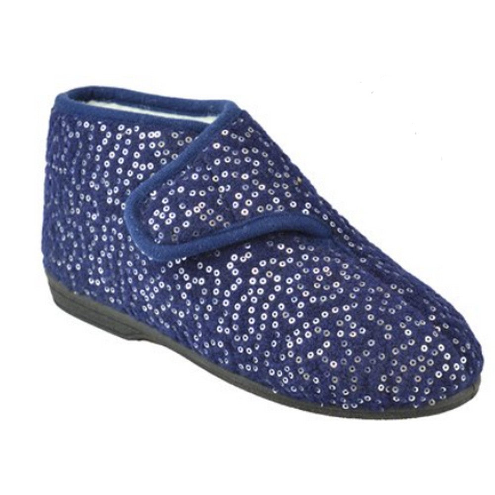 Navy - Front - Slumberzzz Womens-Ladies Sequin Slippers