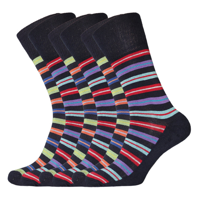 Black-Navy - Front - Easytop Mens Banded Stripes Fashion Socks (6 Pairs)