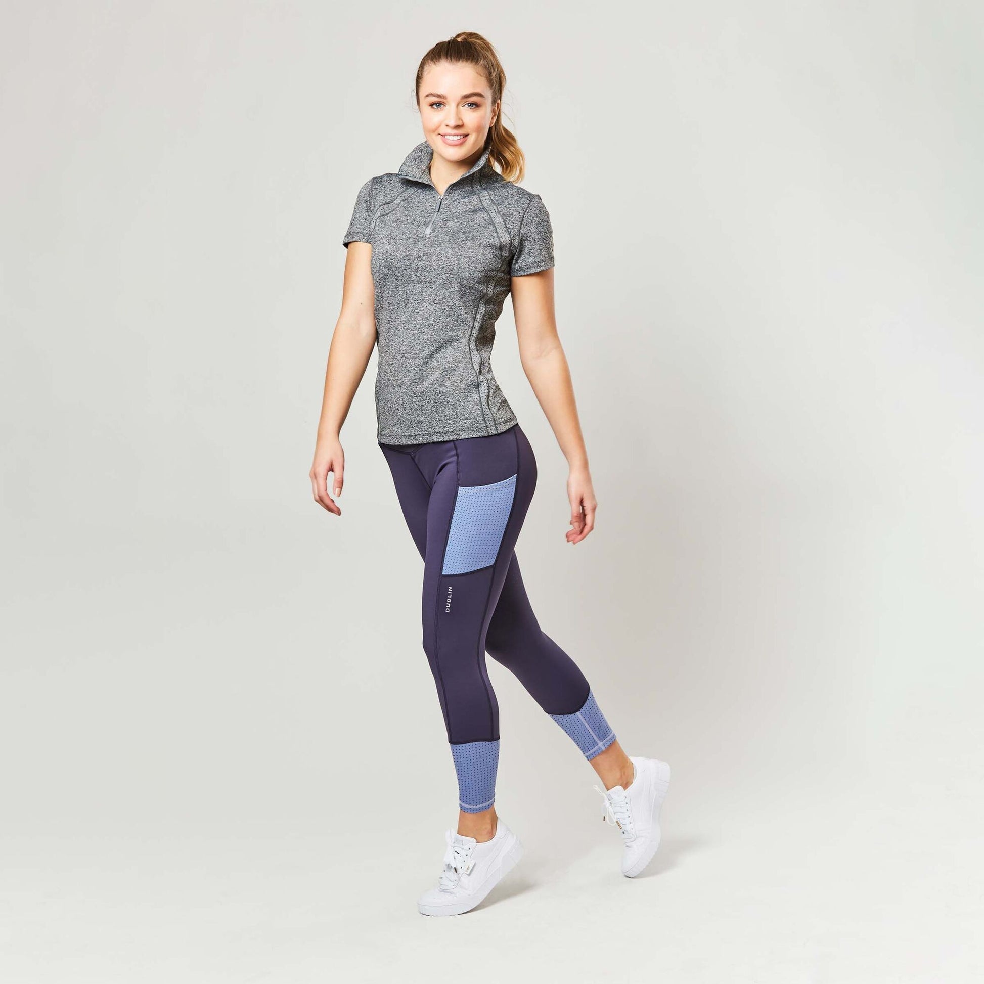 Blue - Side - Dublin Womens-Ladies Power Performance Colour Block Horse Riding Tights