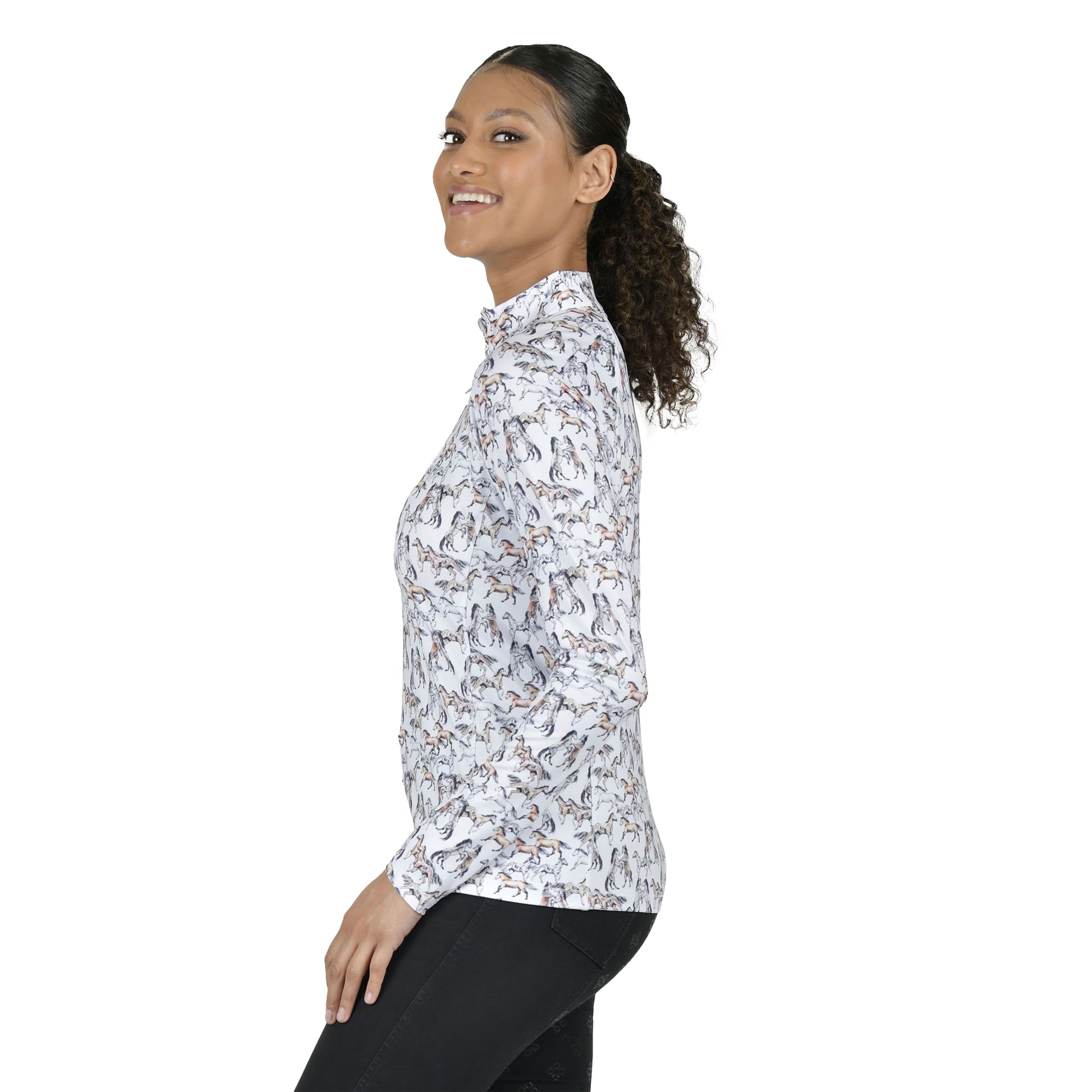 White - Side - Dublin Womens-Ladies Kelsey Horse Long-Sleeved Top